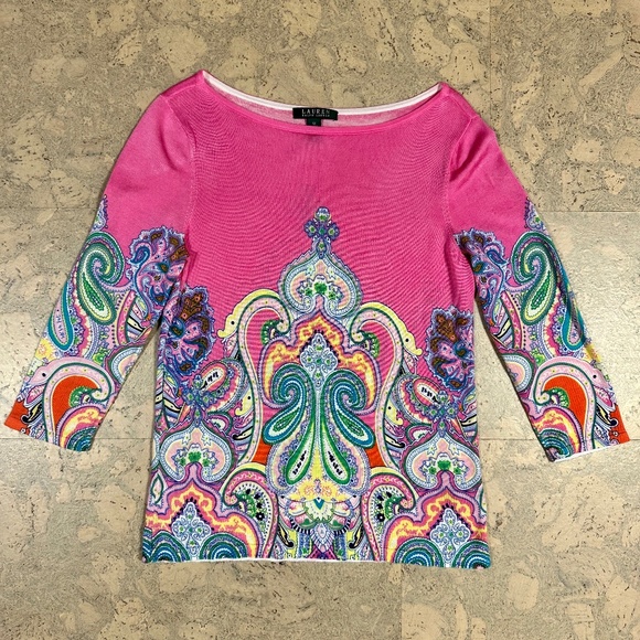 Lauren Ralph Lauren Pink Paisley Print Boat Neck Three-Quarter Sleeve Size M - Picture 3 of 9